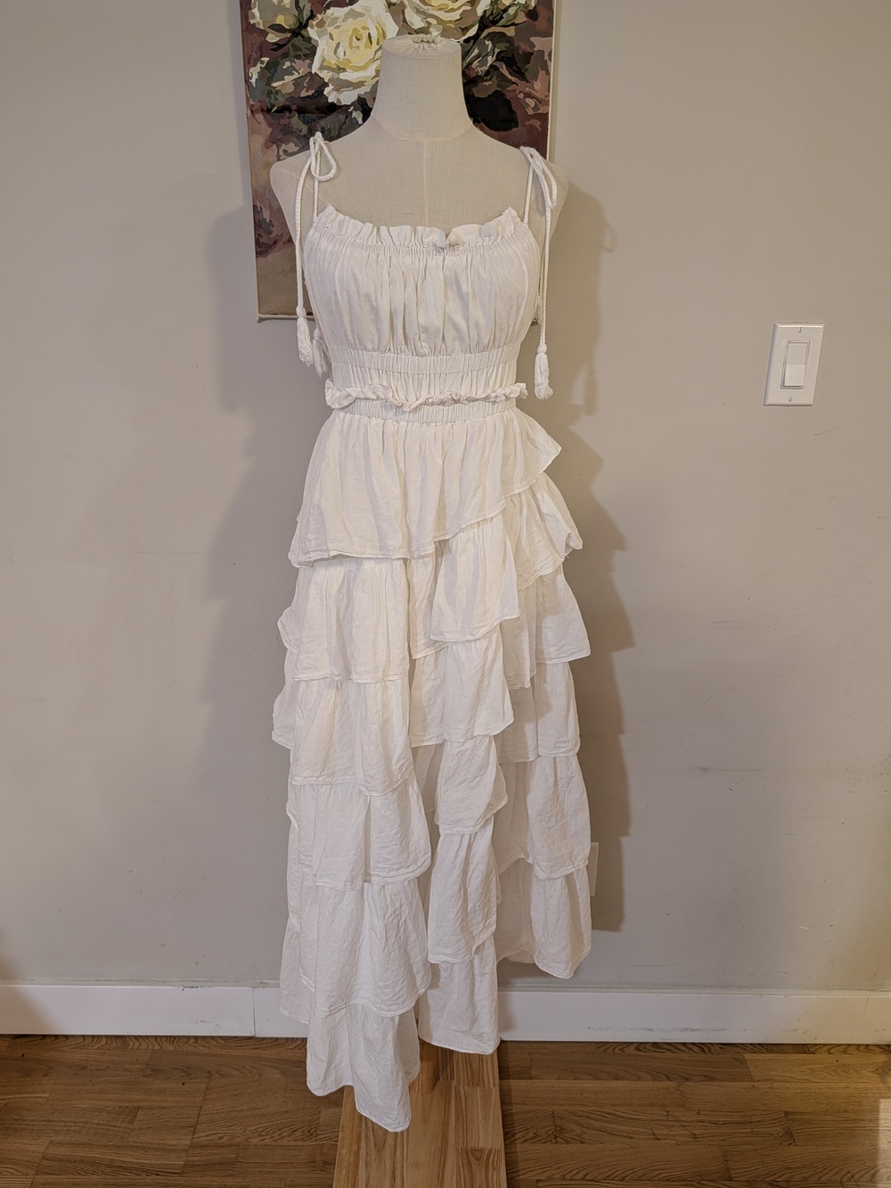 White Cotton Tiered Ruffle Maxi Dress with Tie Straps